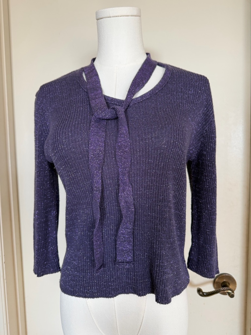 Petite Medium Purple Shimmer Knit Sweater Tie Neck Ribbed Top 3/4 Sleeve